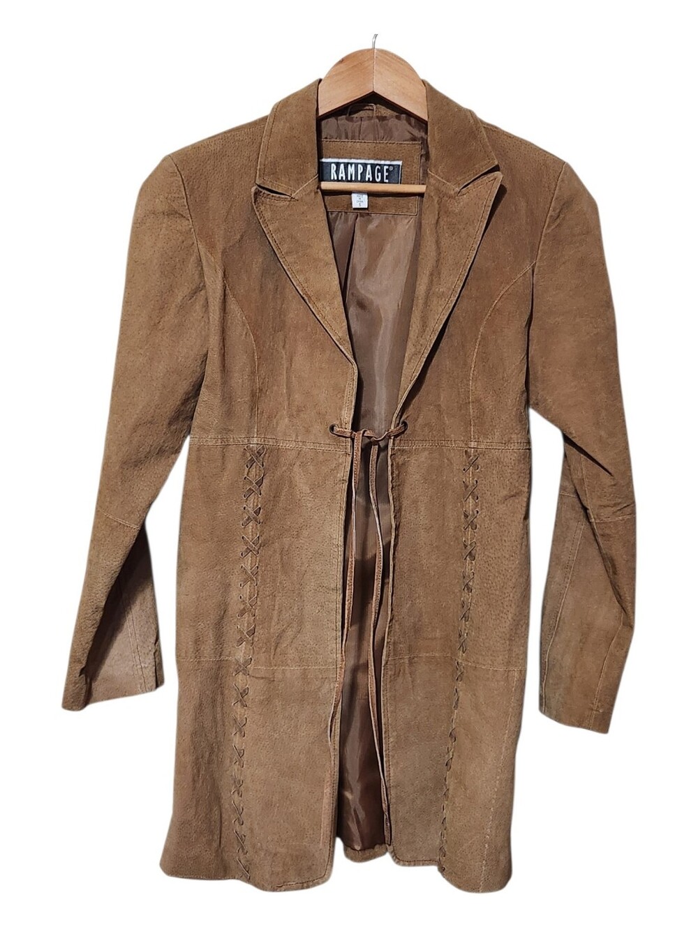 Vintage Y2K Rampage Tan Suede Trench Duster Coat Tie Front Size Small